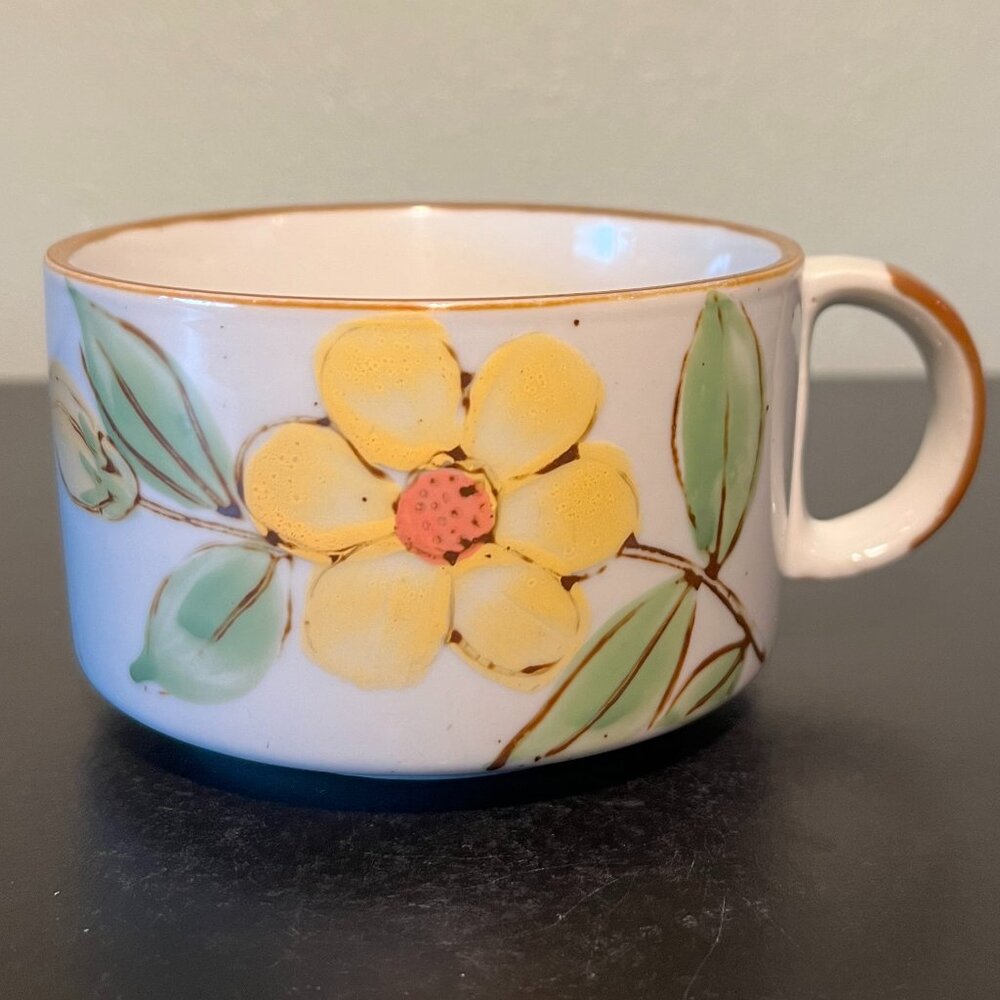 Vintage OTAGIRI Yellow Floral Stoneware Soup Mug Bowl Gray Brown Speckles